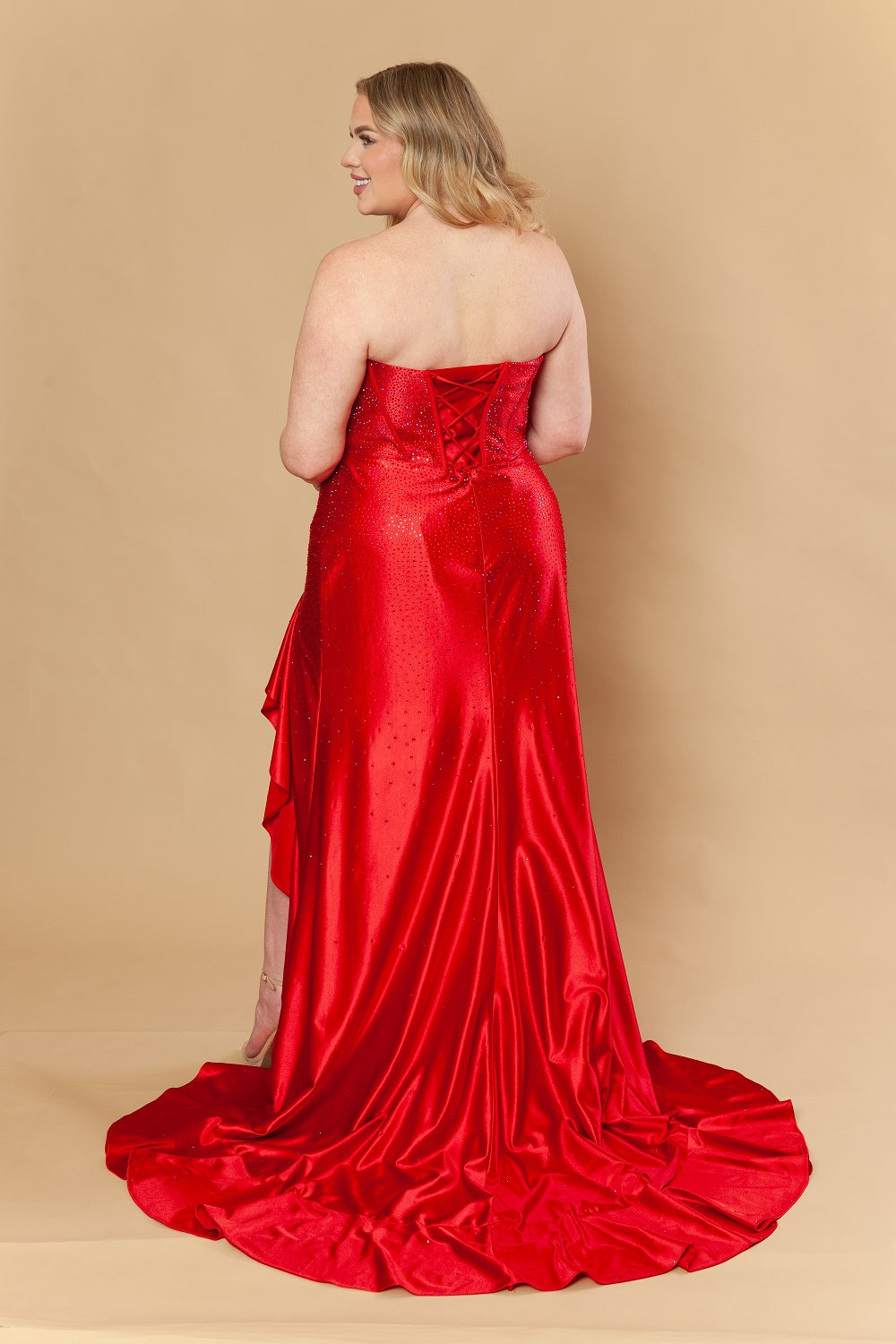 Plus Size Strapless Ruffled Slit Gown by Poly USA W1238