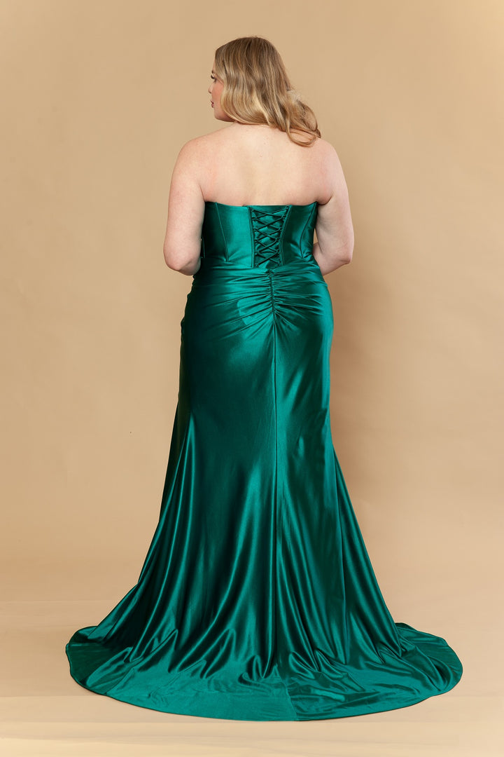 Plus Size Satin Strapless Slit Gown by Poly USA W1240
