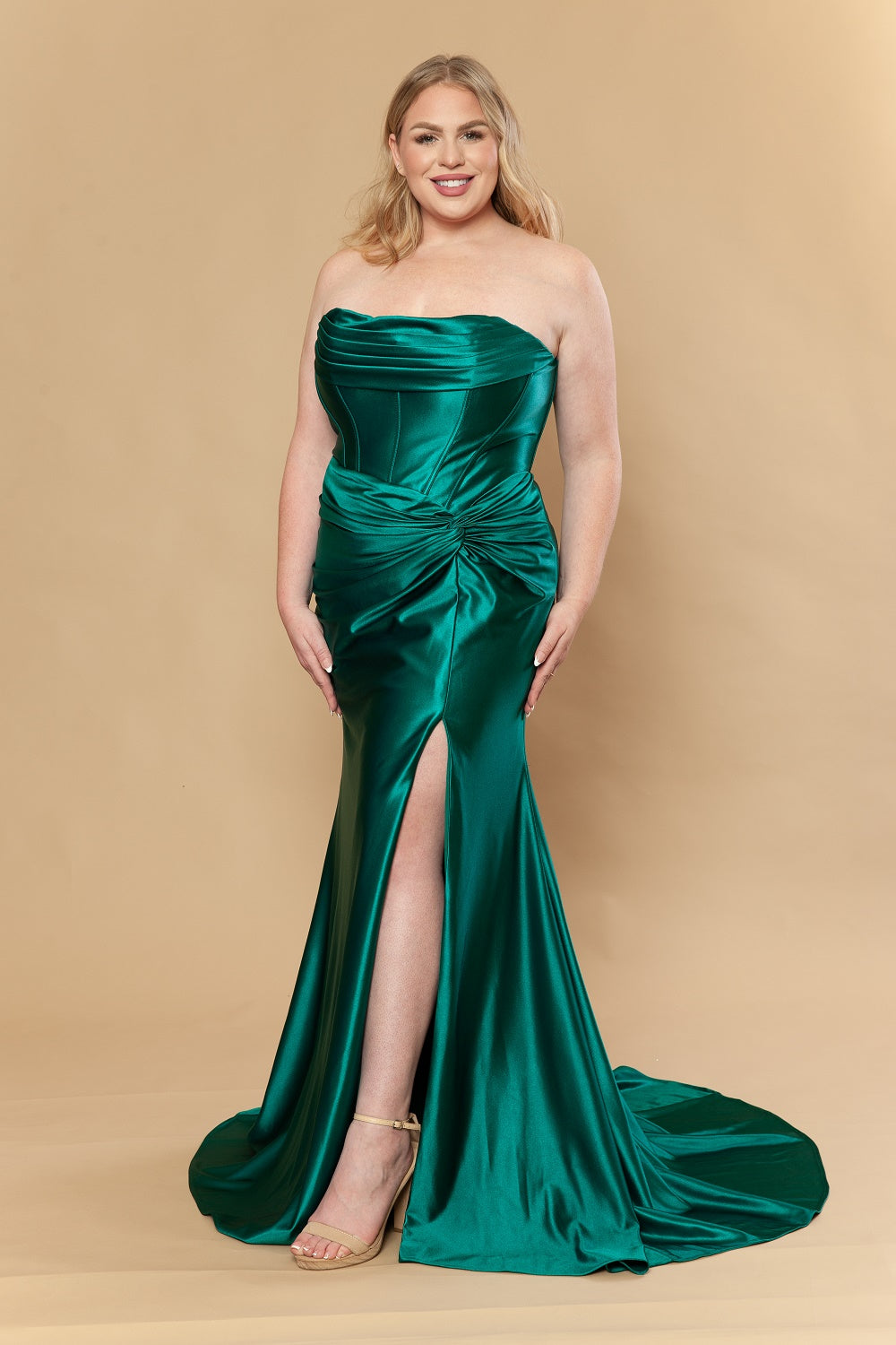 Plus Size Satin Strapless Slit Gown by Poly USA W1240