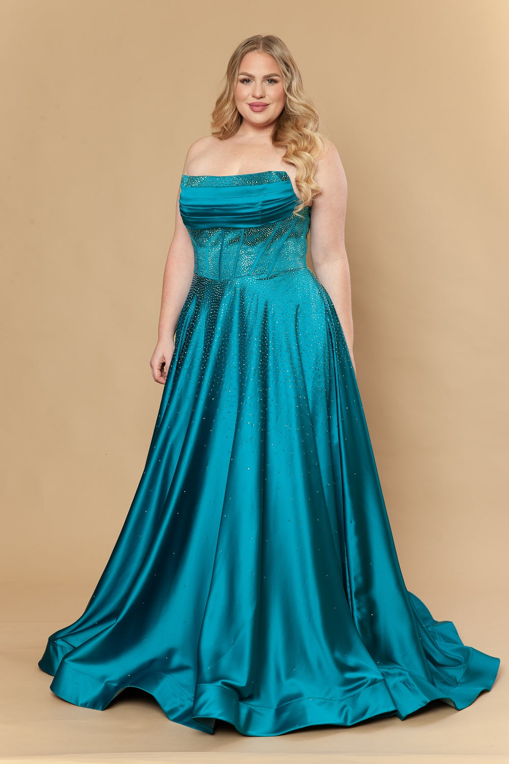 Plus Size Satin Strapless A-line Gown by Poly USA W1244