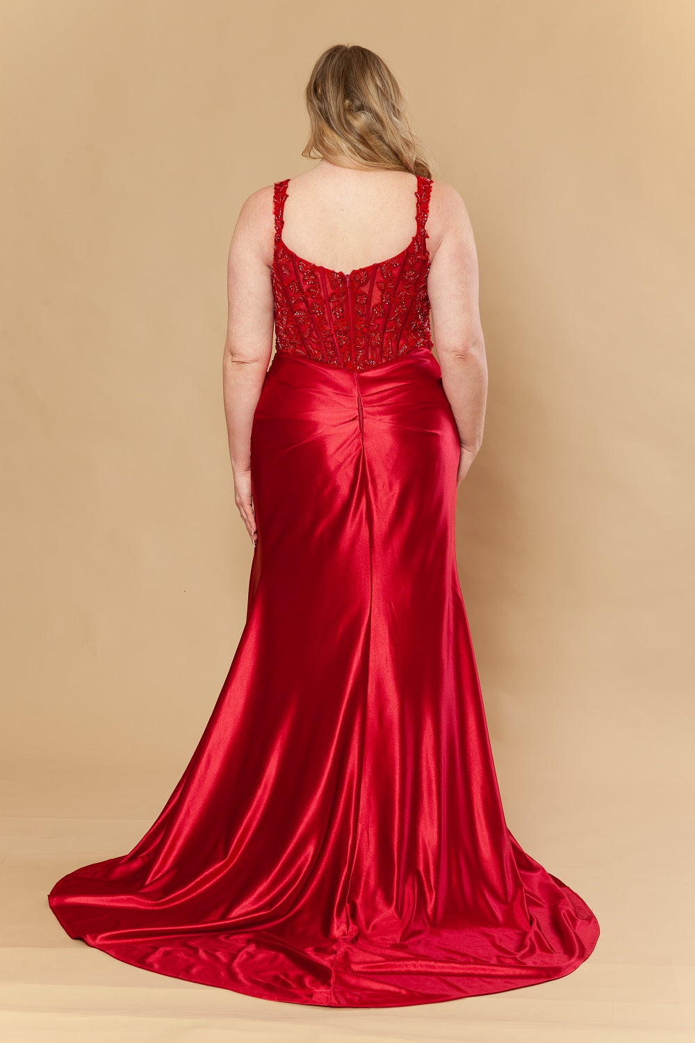 Plus Size Satin V-Neck Slit Gown by Poly USA W1246