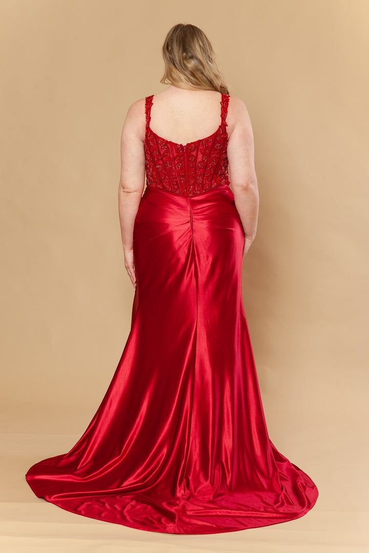 Plus Size Satin V-Neck Slit Gown by Poly USA W1246