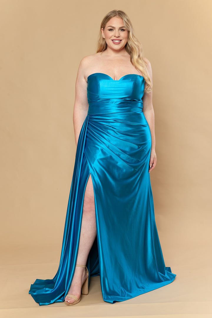 Plus Size Satin Strapless Slit Gown by Poly USA W1248