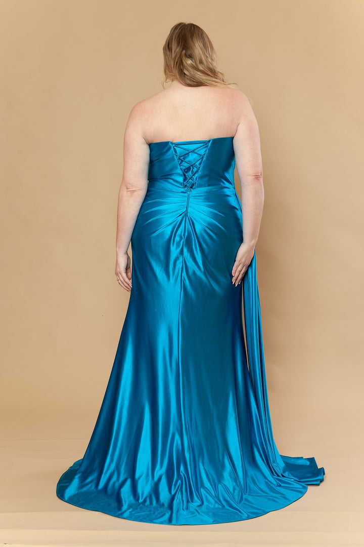 Plus Size Satin Strapless Slit Gown by Poly USA W1248
