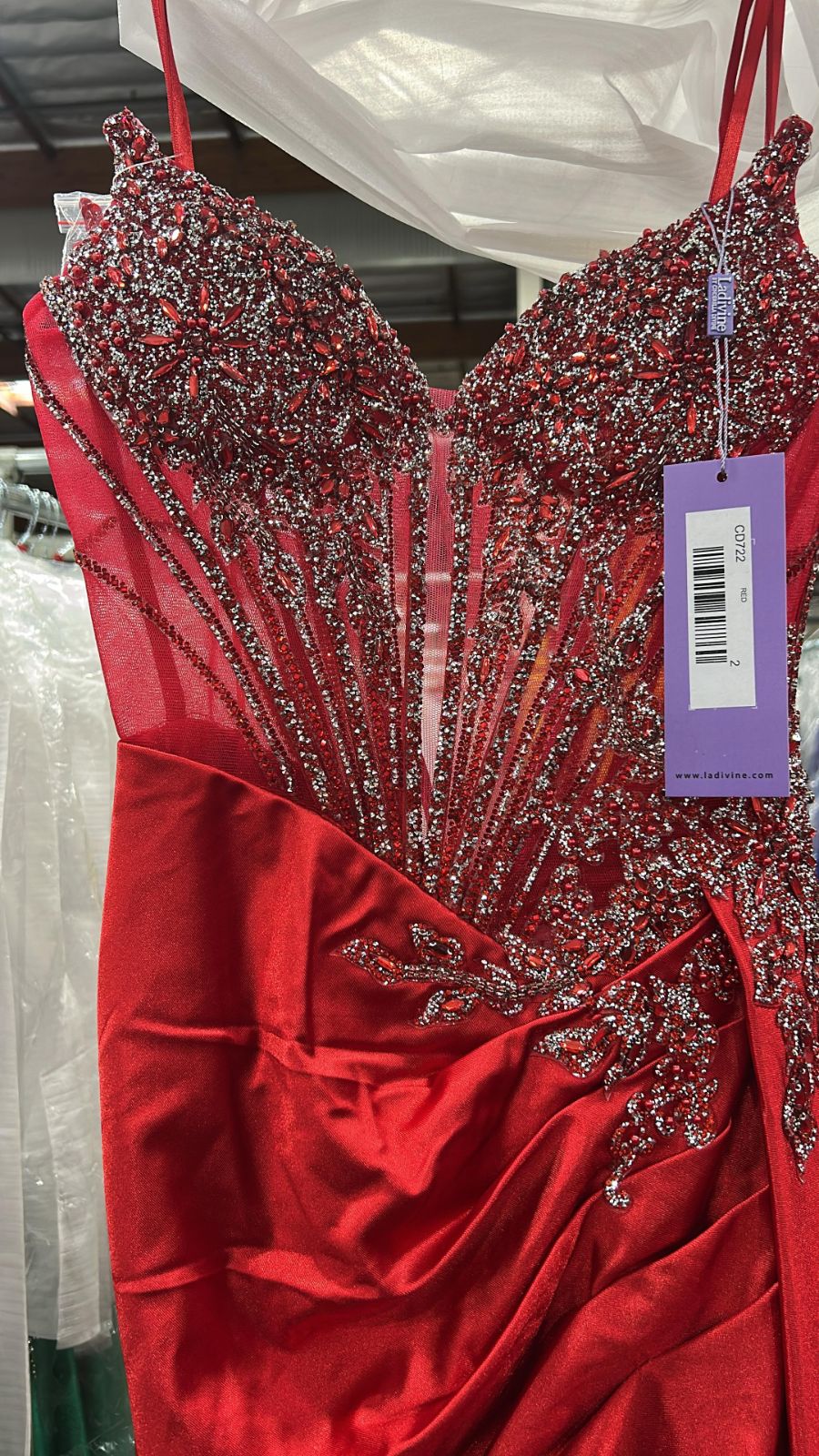 Beaded Satin Strapless Slit Gown by Ladivine CD722