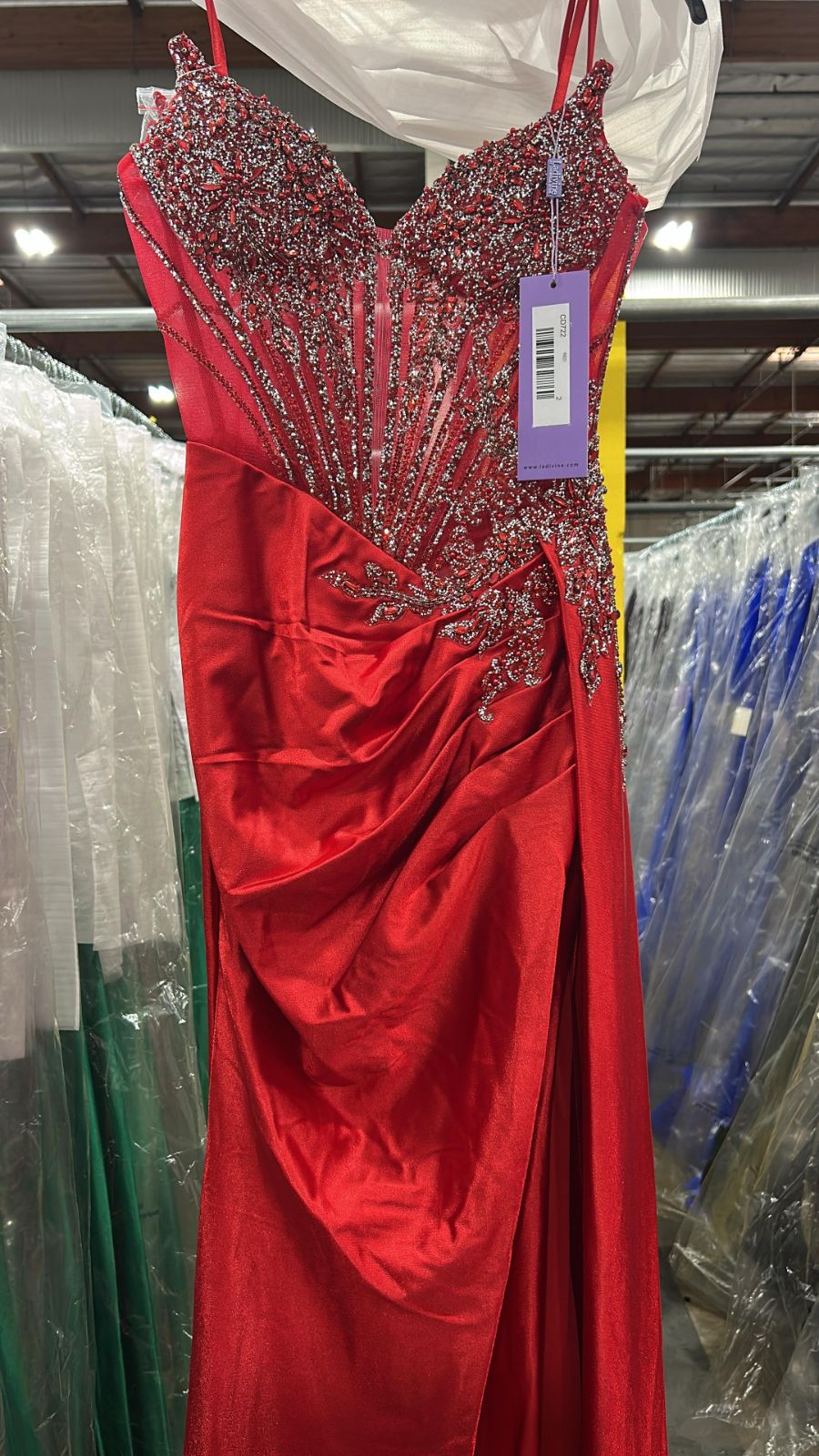 Beaded Satin Strapless Slit Gown by Ladivine CD722