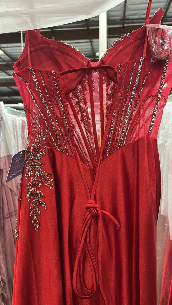 Beaded Satin Strapless Slit Gown by Ladivine CD722