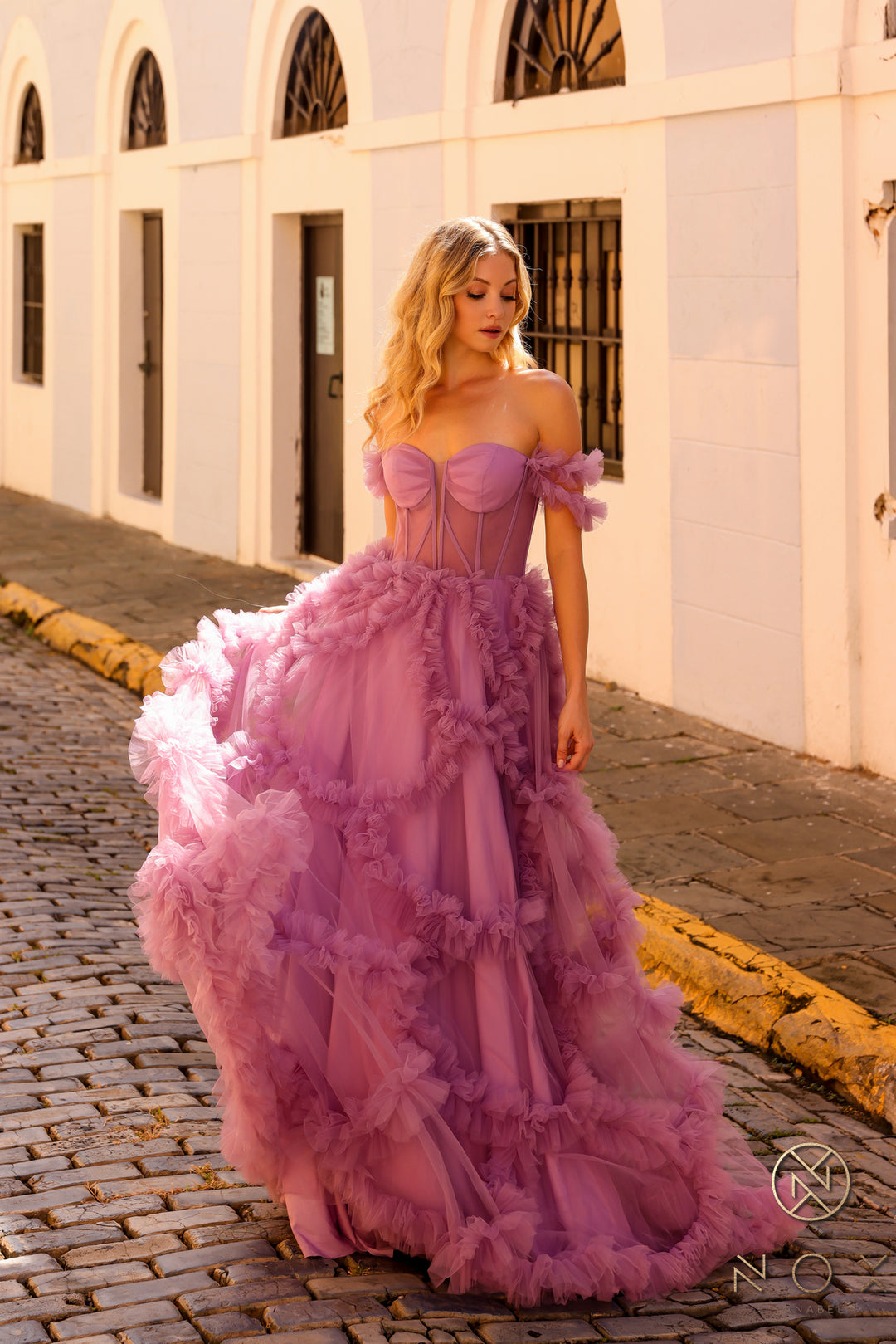 Off Shoulder Corset Ruffled Ball Gown by Nox Anabel Y1472