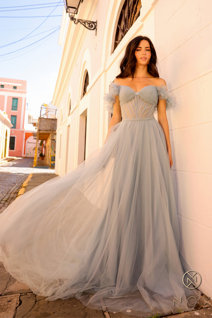 Ruffled Off Shoulder A-line Tulle Gown by Nox Anabel Y1474