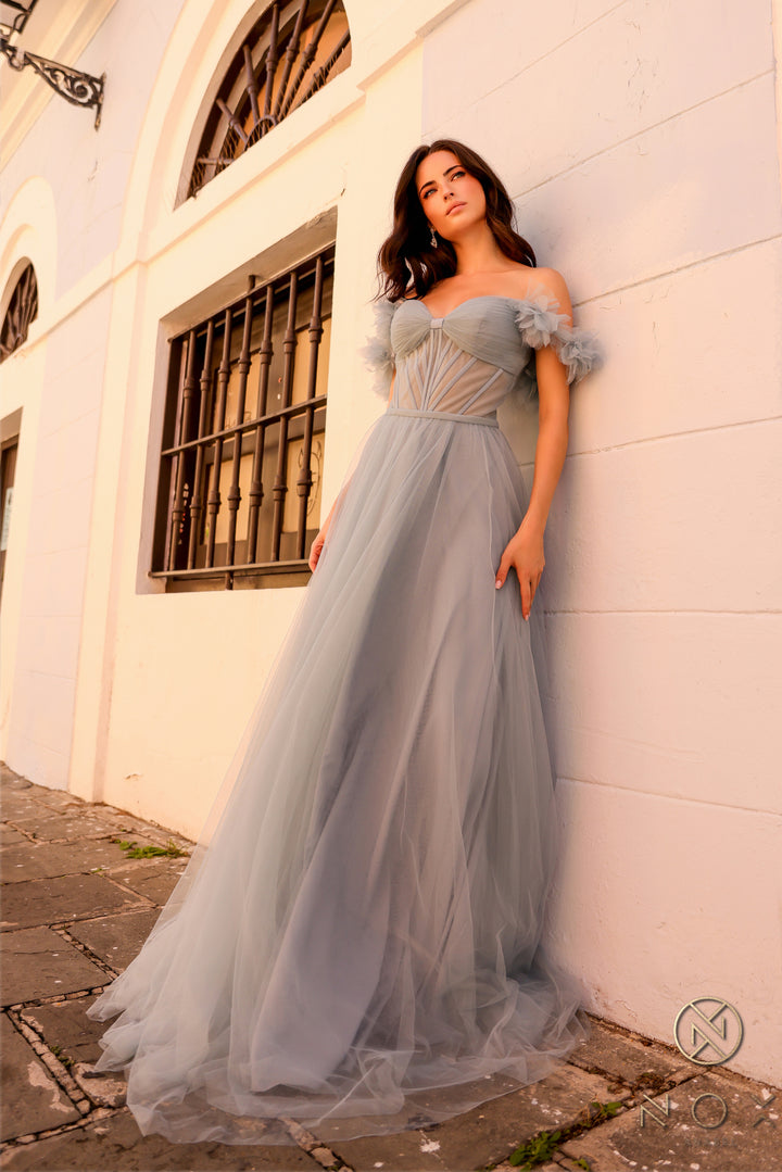 Ruffled Off Shoulder A-line Tulle Gown by Nox Anabel Y1474