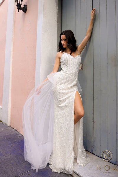 Beaded Sleeveless Overskirt Slit Gown by Nox Anabel Y1475