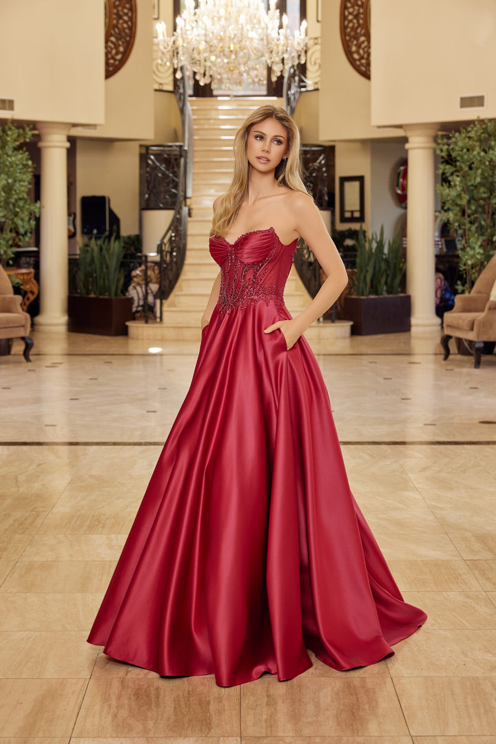 Satin Strapless A-line Gown by Nox Anabel Y1798