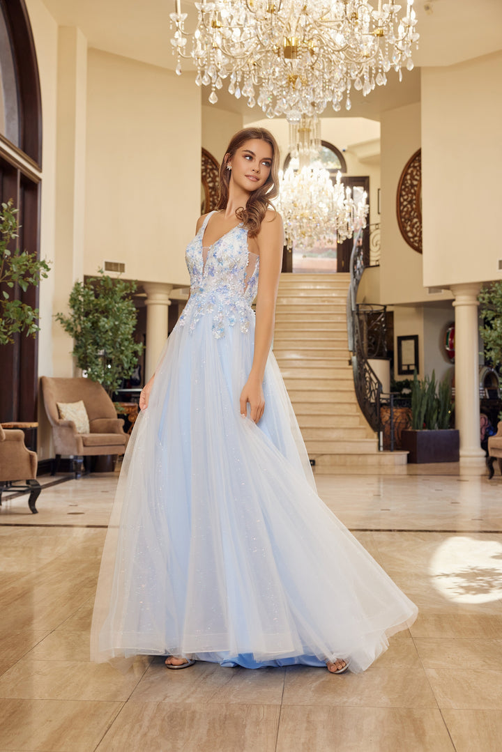 Applique V-Neck A-line Slit Gown by Nox Anabel Y1799