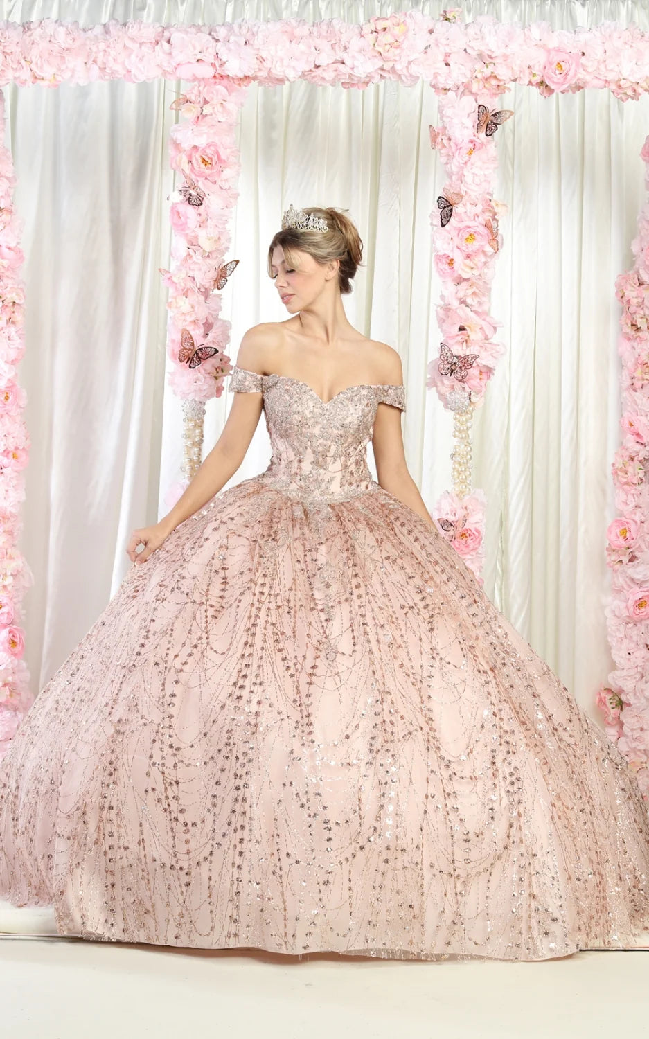 Glitter Off Shoulder Ball Gown by May Queen LK153