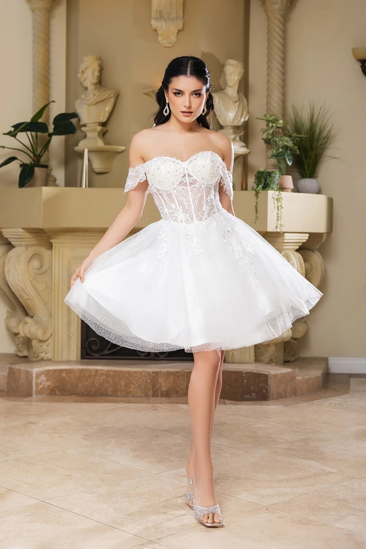 Applique Short Off Shoulder Dress by May Queen MQ2080