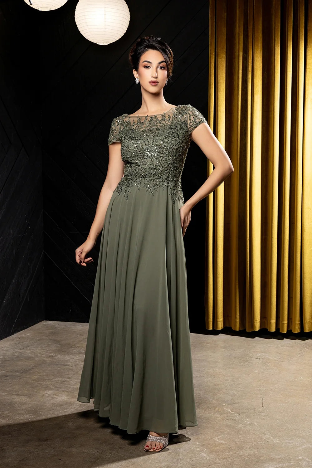 Applique Short Sleeve A-line Gown by May Queen MQ2239