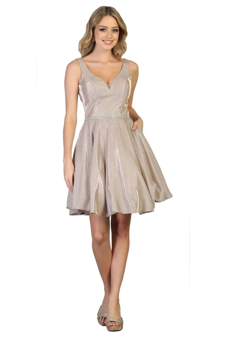 Glitter Short V-Neck A-line Dress by May Queen MQ1777
