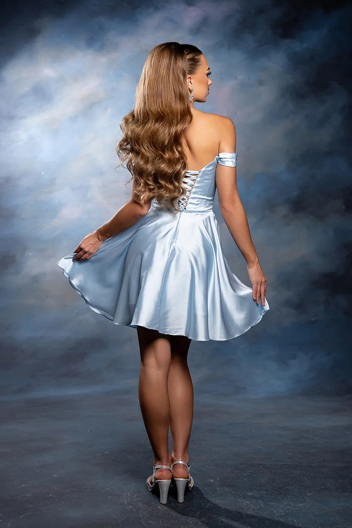 Satin Short Off Shoulder Dress by May Queen MQ2245