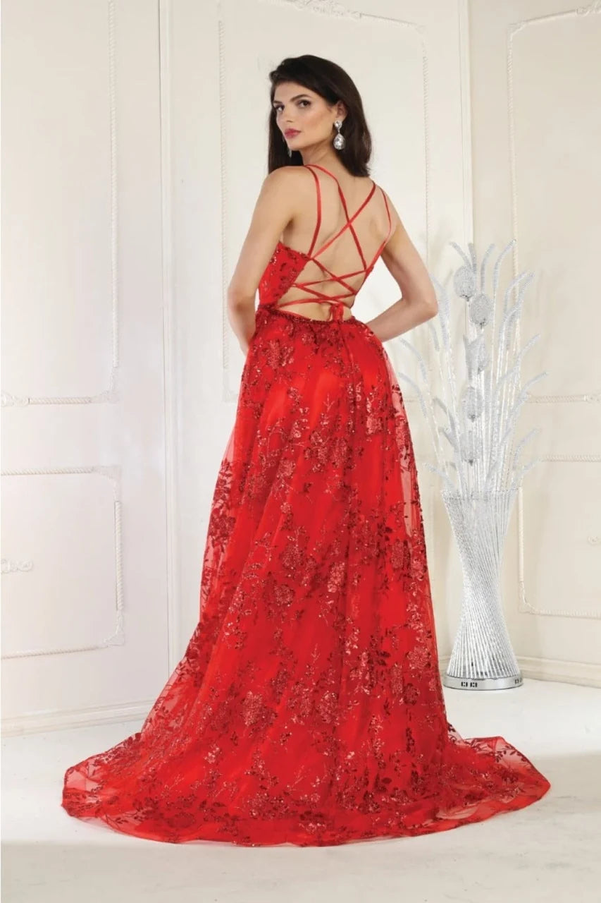 Glitter V-Neck A-line Slit Gown by May Queen MQ1787