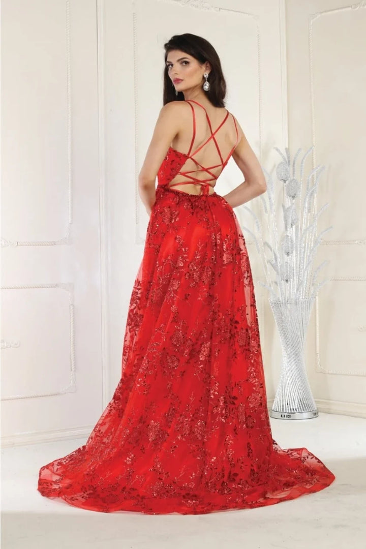 Glitter V-Neck A-line Slit Gown by May Queen MQ1787