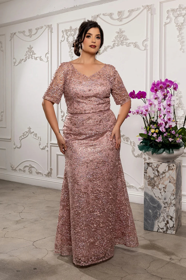 Applique Fitted Short Sleeve Gown by May Queen RQ8246
