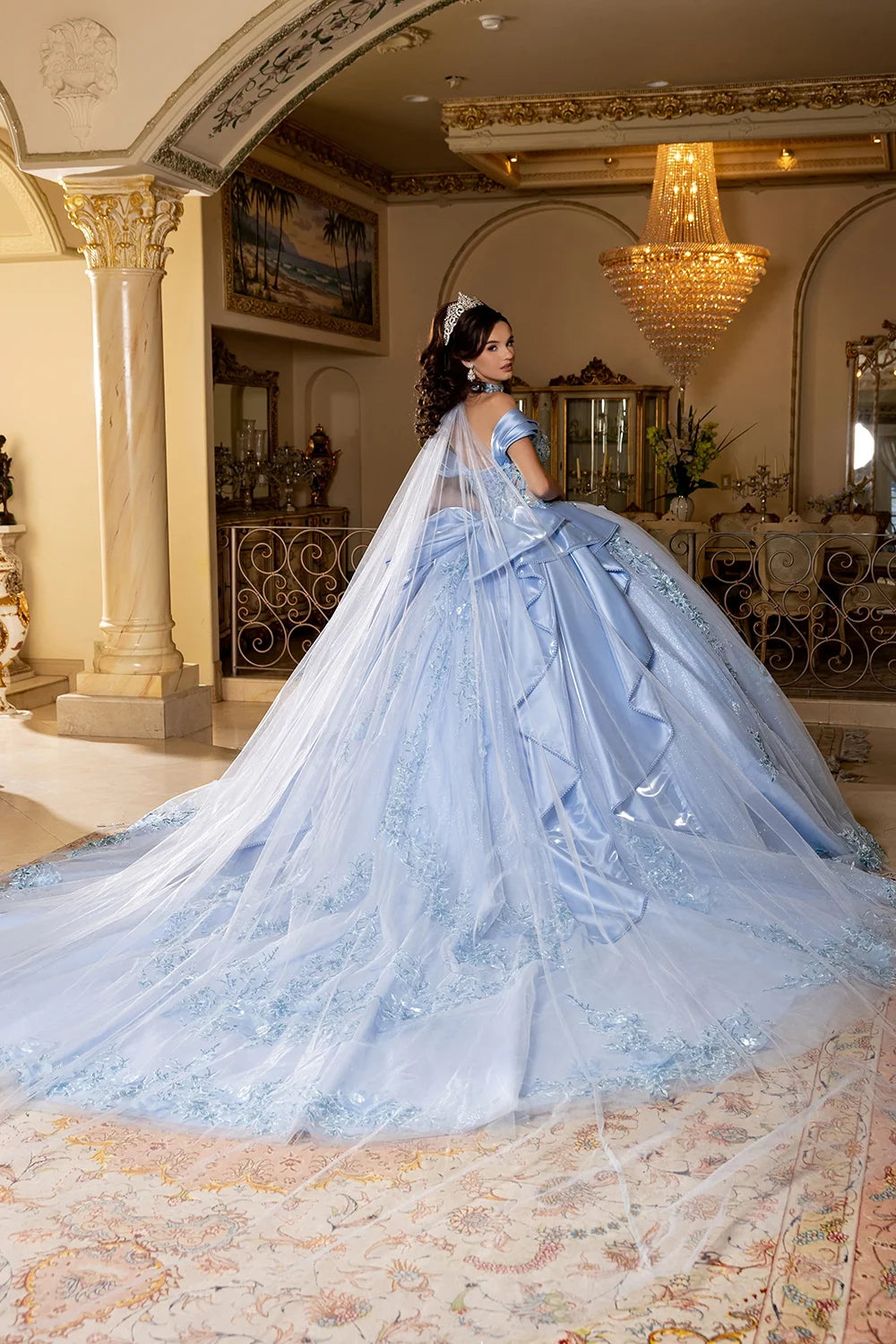 Off Shoulder Cape Ball Gown by May Queen LK305