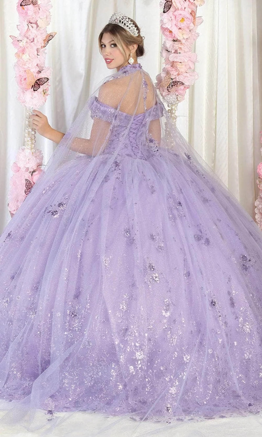 Off Shoulder Cape Ball Gown by May Queen LK202
