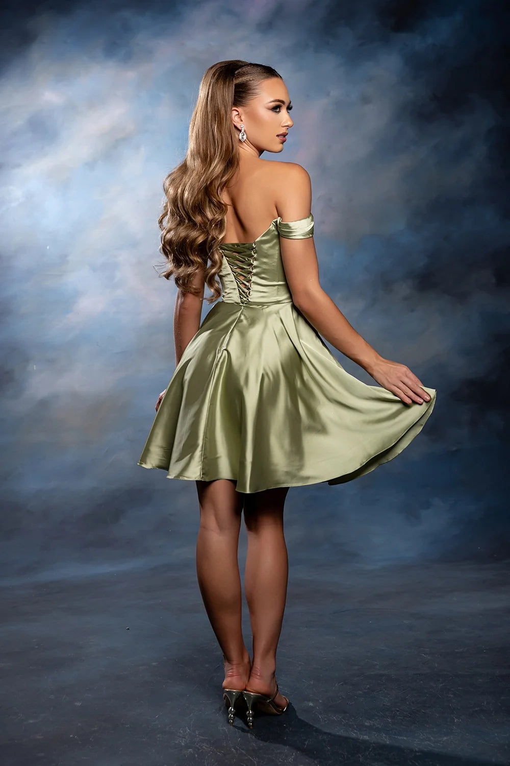 Satin Short Off Shoulder Dress by May Queen MQ2245