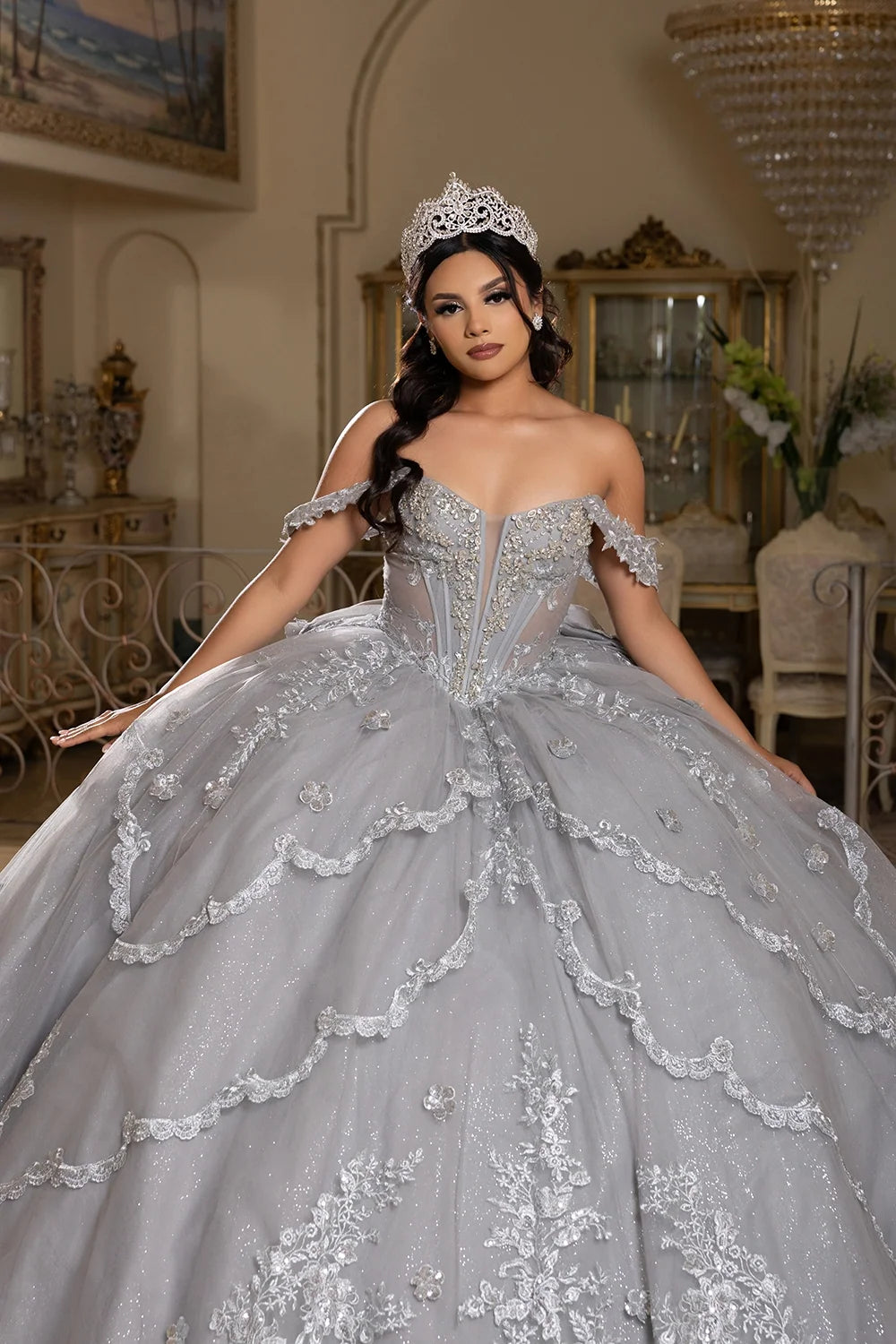 Applique Off Shoulder Ball Gown by May Queen LK283