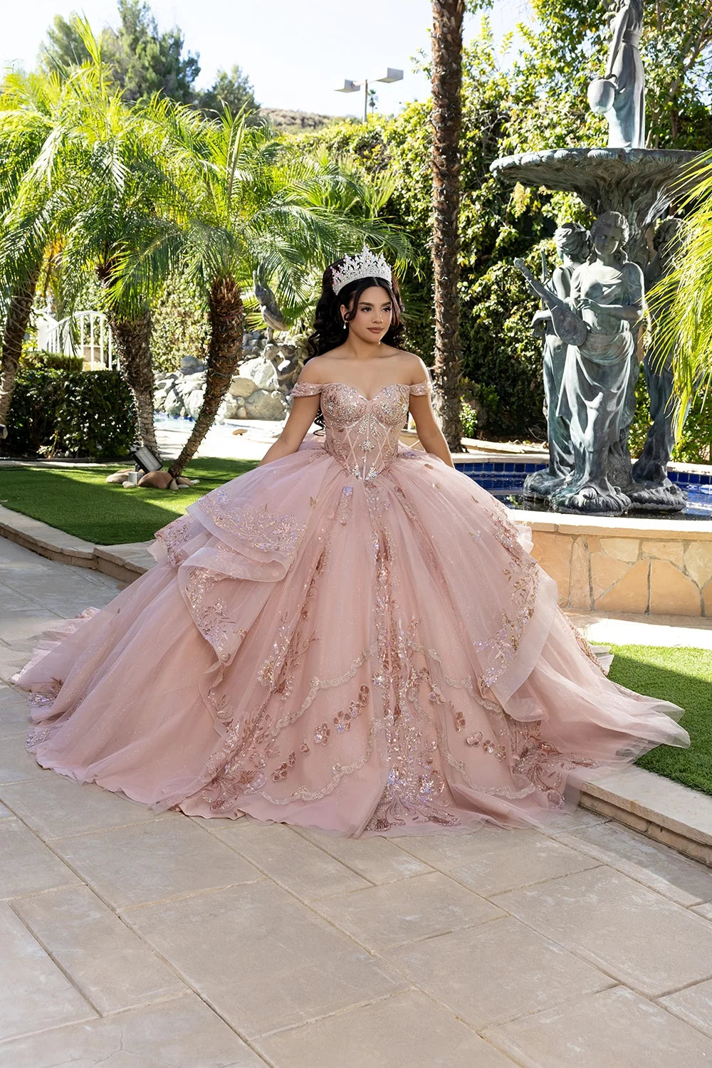 Off Shoulder Layered Ball Gown by May Queen LK293