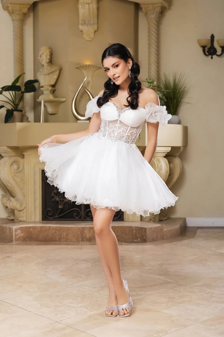 Short Off Shoulder Ruffled Dress by May Queen MQ2164