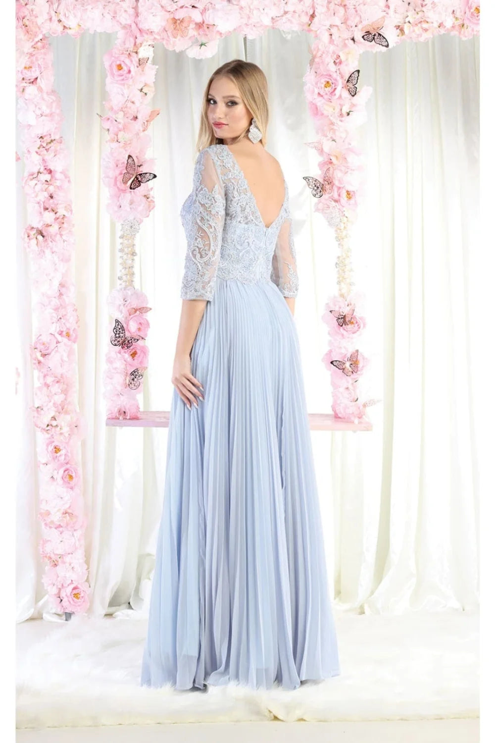 Applique Mid-Sleeve A-line Gown by May Queen MQ1980