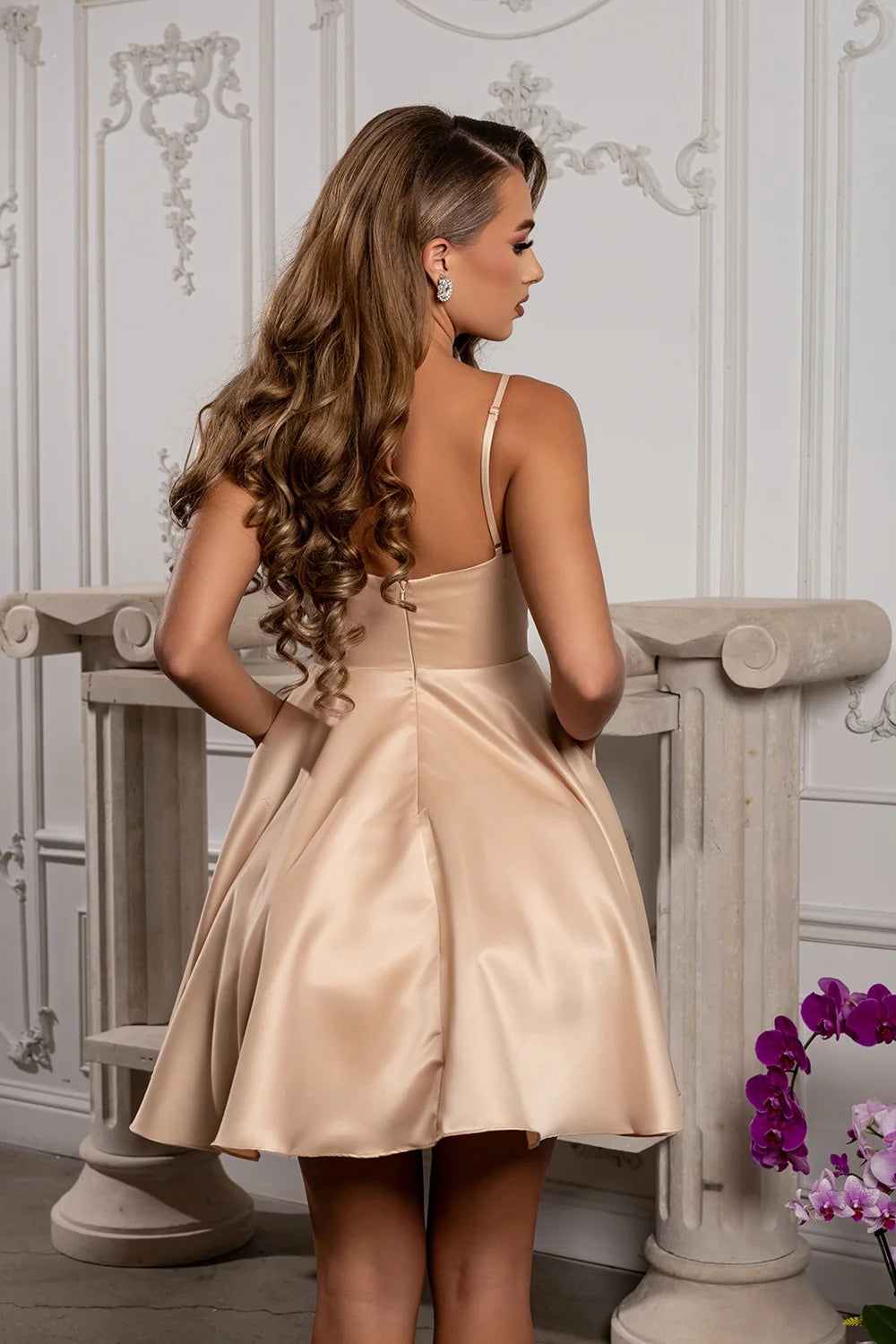 Satin Short V-Neck A-line Dress by May Queen MQ1654