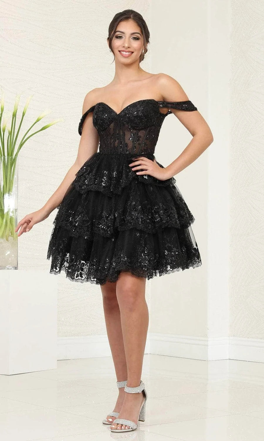Short Off Shoulder Tiered Dress by May Queen MQ2094
