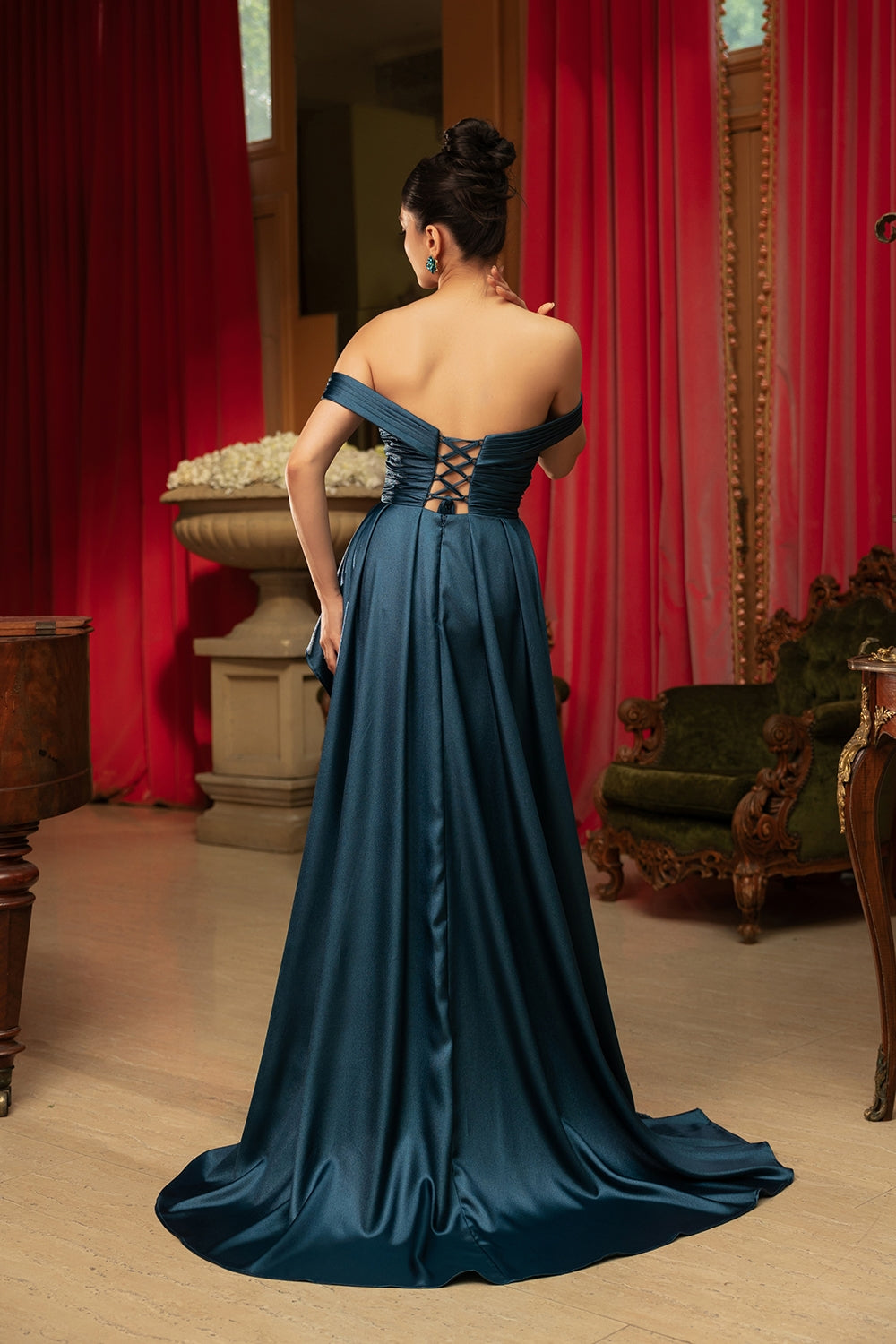 Taffeta Off Shoulder Slit Gown by May Queen MQ2056