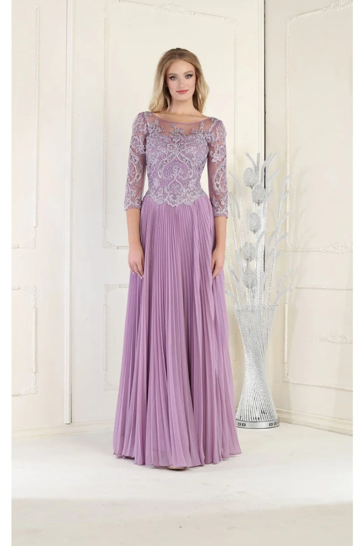 Applique Mid-Sleeve A-line Gown by May Queen MQ1980