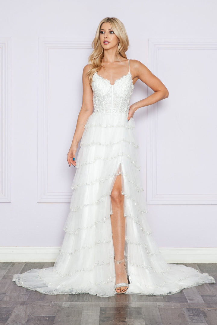 Applique Bodice Sleeveless Tiered Slit Gown by Poly USA 9404