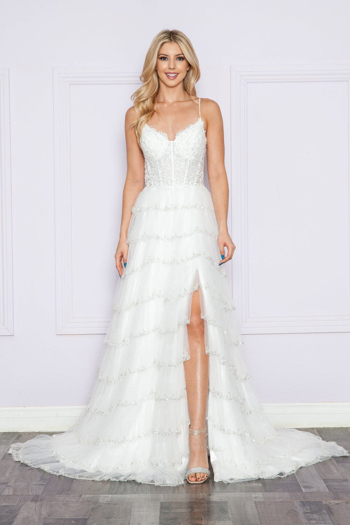 Applique Bodice Sleeveless Tiered Slit Gown by Poly USA 9404