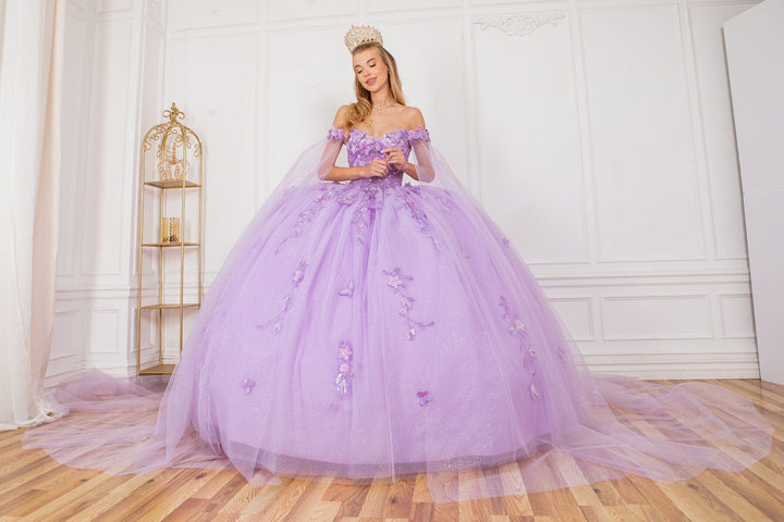 Applique Cape Sleeve Ball Gown by Cinderella Couture 8075J