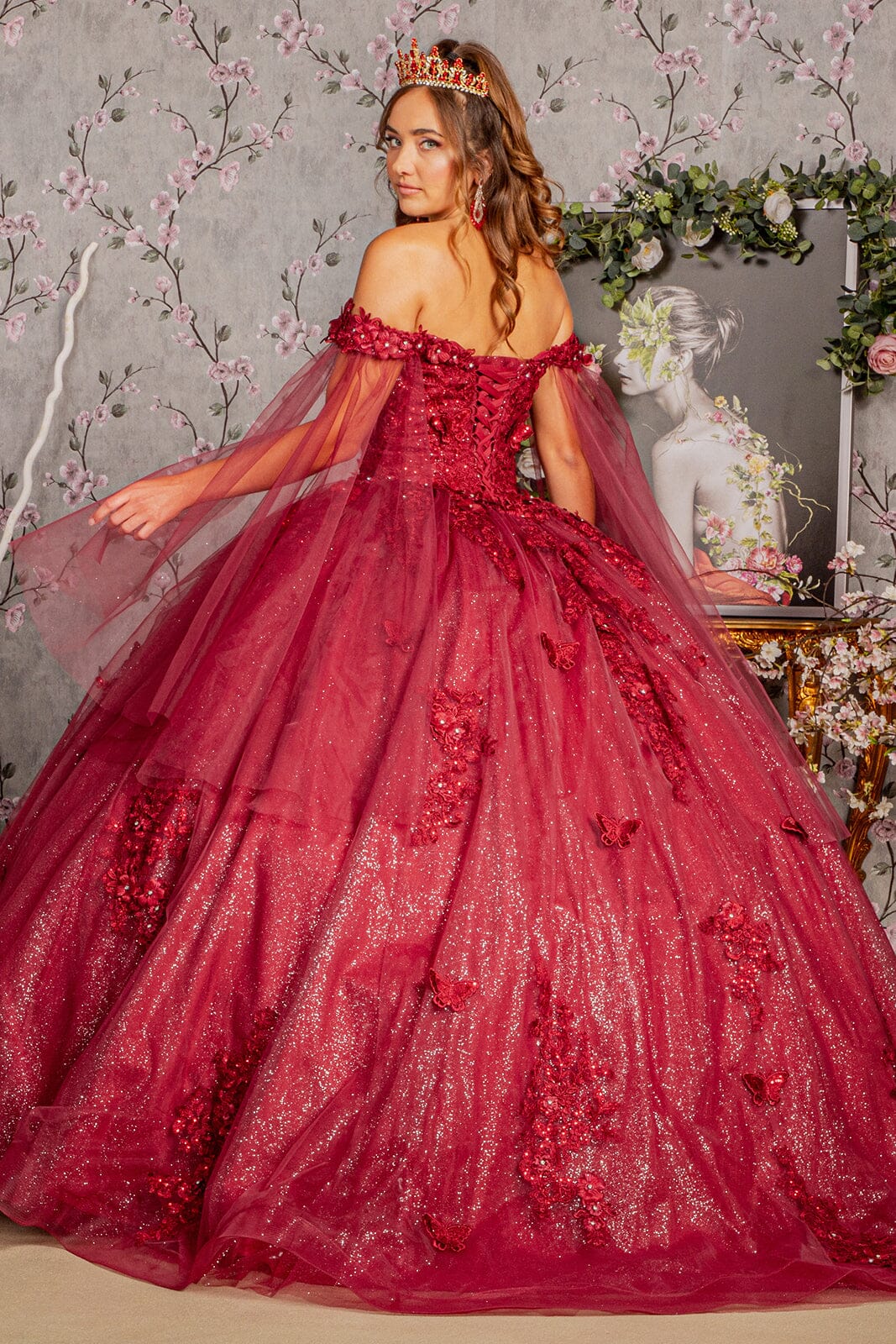 Applique Cape Sleeve Ball Gown by Elizabeth K GL3181
