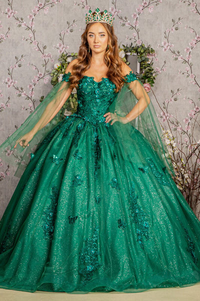Applique Cape Sleeve Ball Gown by Elizabeth K GL3181
