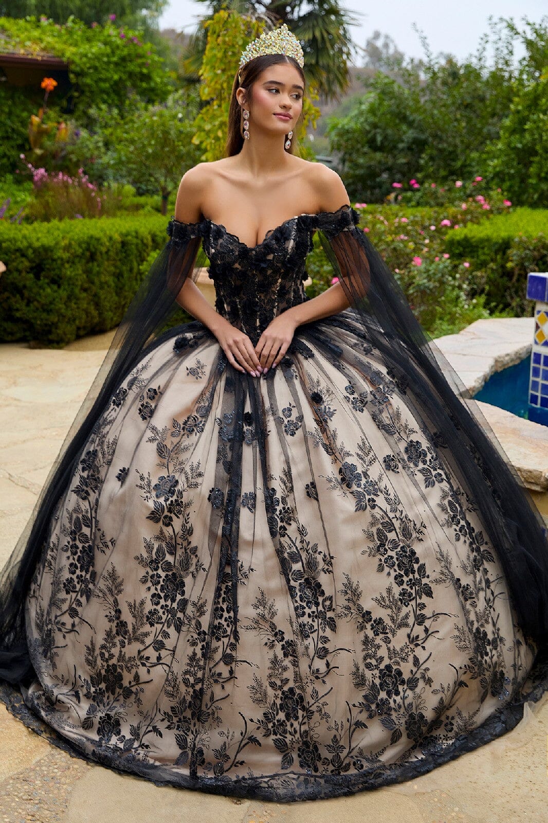 Applique Cape Sleeve Ball Gown by GLS Gloria GL3500 XL / Black/Champagne Applique Cape Sleeve Ball Gown by GLS Gloria GL3500 XL / Black/Champagne