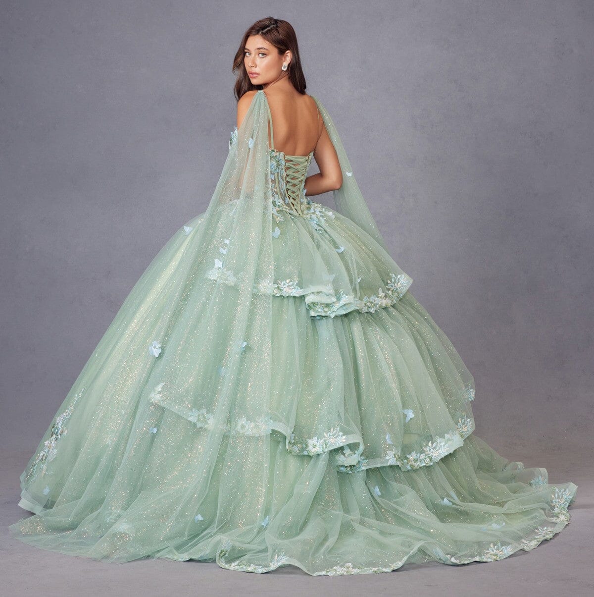 Applique Cape Sleeve Tiered Ball Gown by Juliet JT1466H – ABC Fashion
