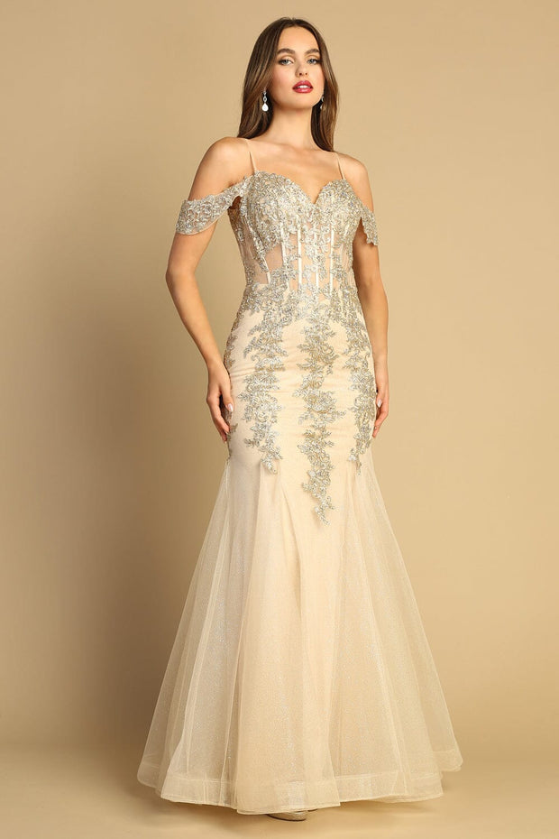 Applique Cold Shoulder Mermaid Dress by Adora 3156