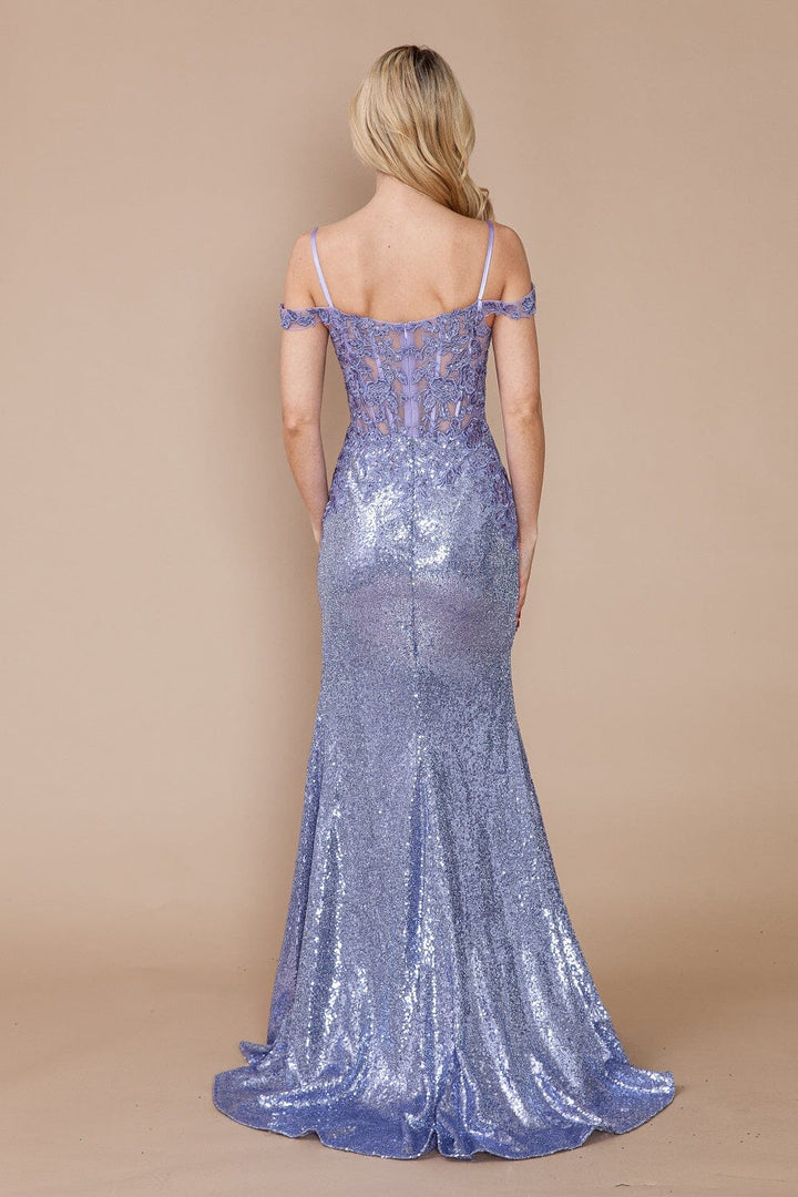 Applique Cold Shoulder Sequin Slit Gown by Poly USA 9398