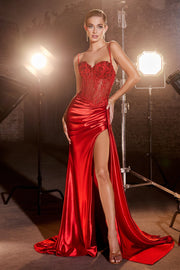 Applique Fitted Satin Corset Slit Gown by Ladivine CD868