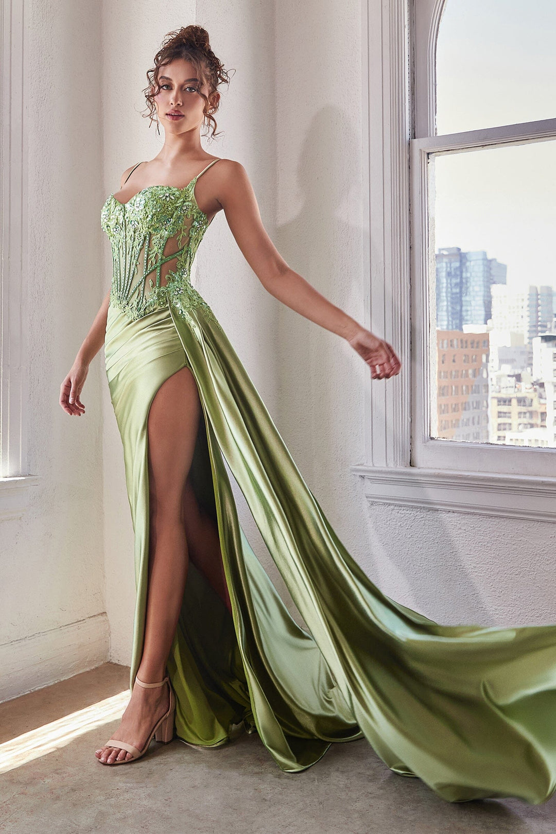 Applique Fitted Satin Corset Slit Gown by Ladivine CD868 – ABC Fashion