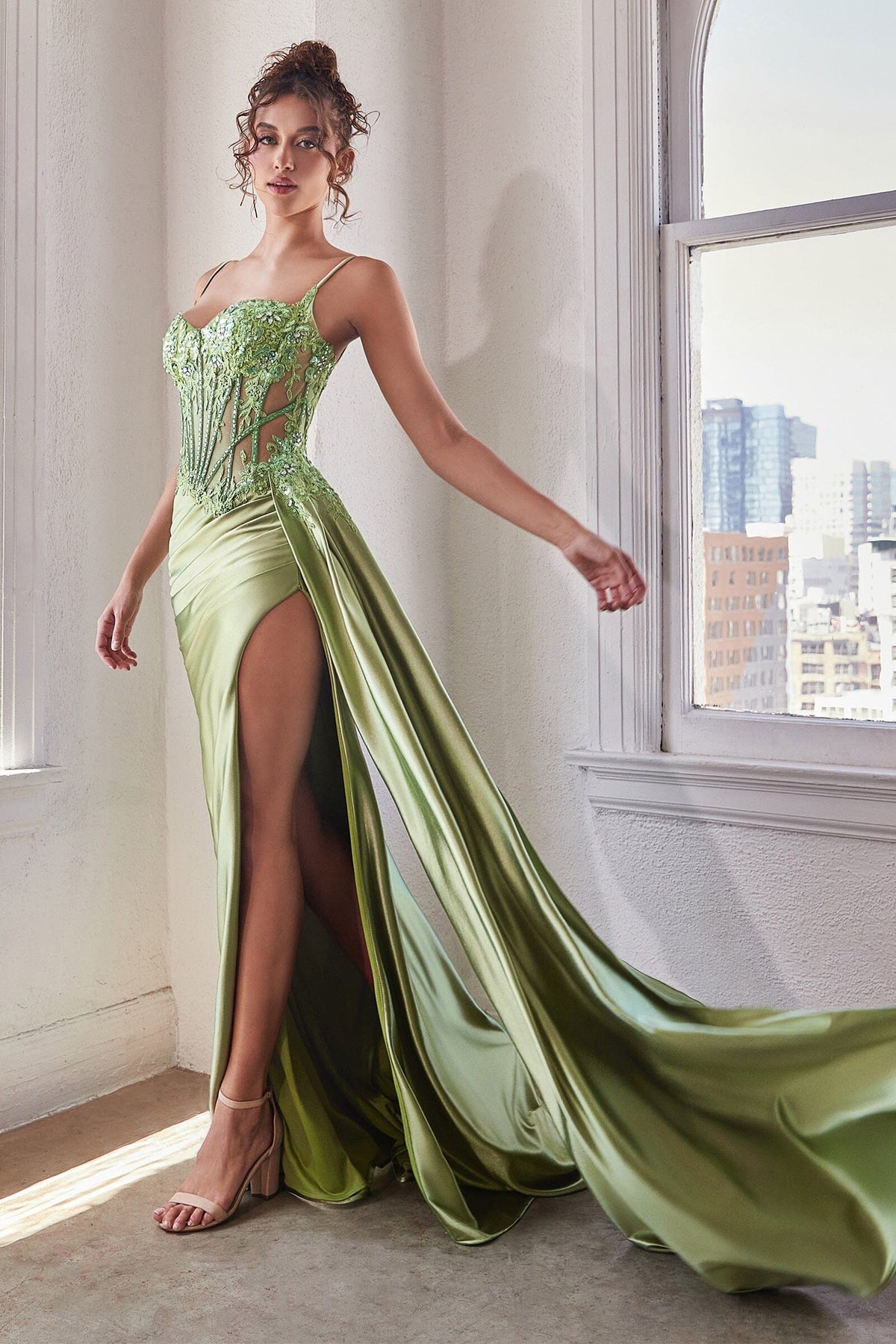 Applique Fitted Satin Corset Slit Gown by Ladivine CD868 – ABC Fashion
