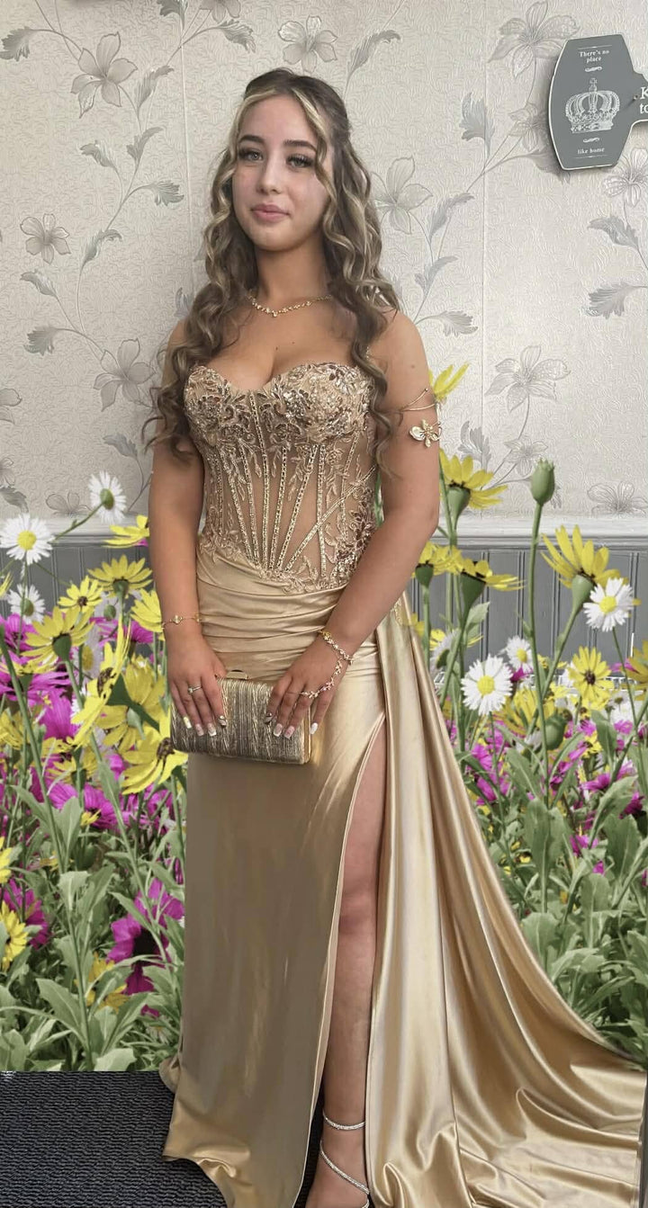 Applique Fitted Satin Corset Slit Gown by Ladivine CD868