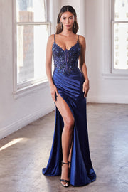Applique Fitted Satin Glitter Slit Gown by Ladivine CDS439